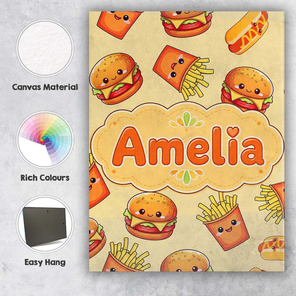 Personalised Name Cute Kawaii Burger Fries Custom  Unique Gift Idea Elegant Feature Canvas Wall Art Print Decor Picture Ready to Hang