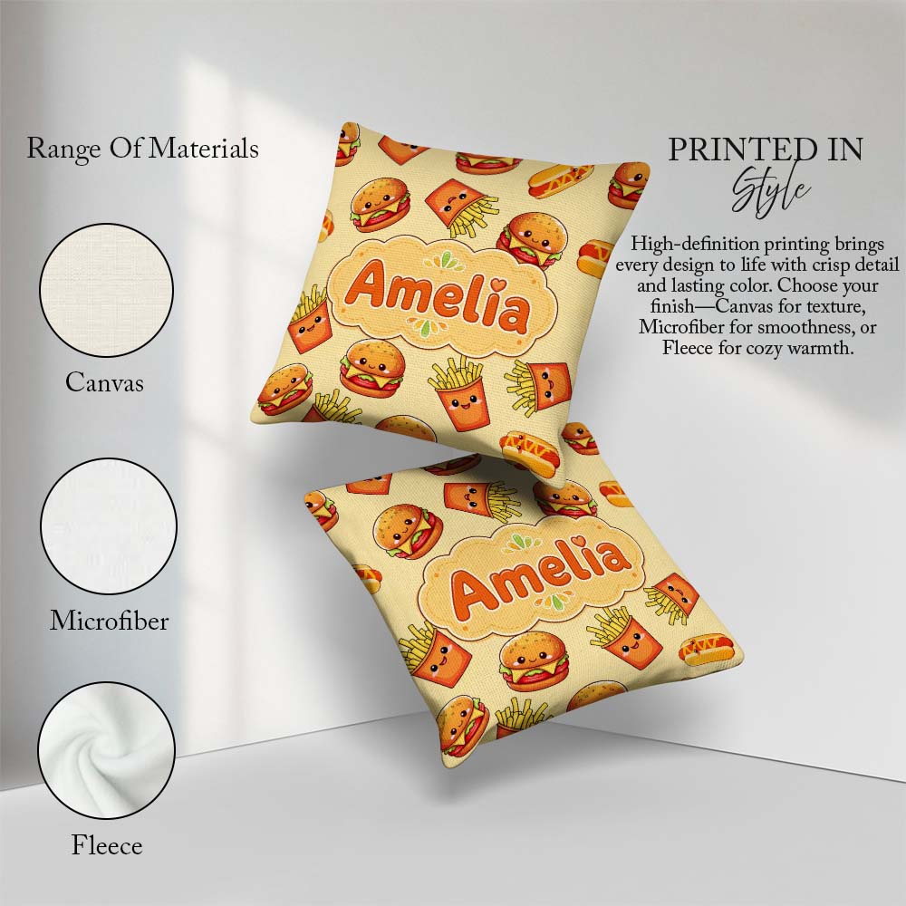 Custom Name Cute Kawaii Burger Fries Hotdog Fast Food Background Square Filled Cushion Throw Pillow Sofa Bed Home Decor Zip Washable UK Made