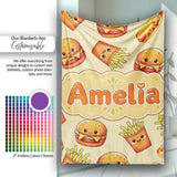 Cute Kawaii Burger Fries Hotdog Fast Food Yellow Background  Personalised Custom Name Super Soft Fleece Blanket Bed Sofa Throw