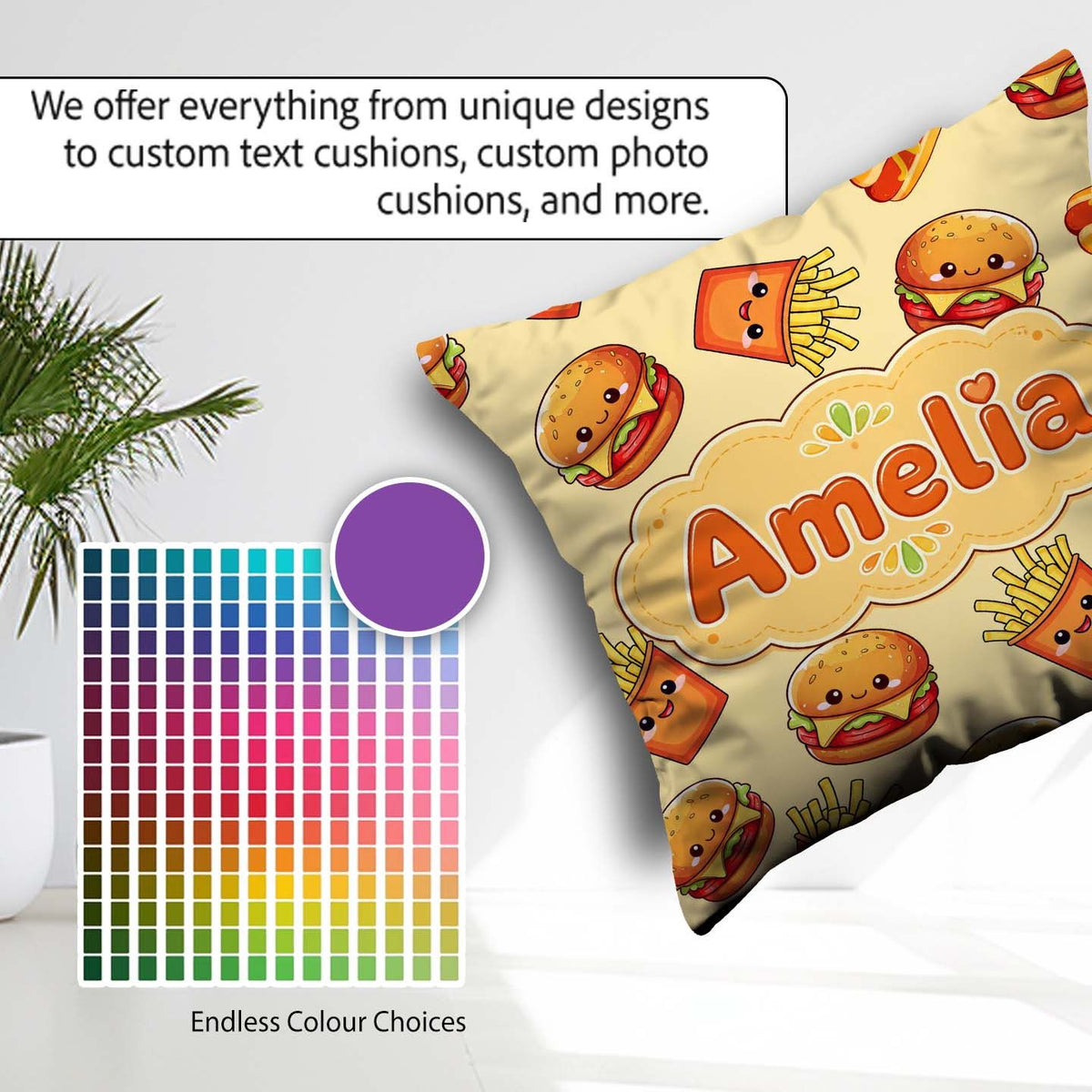 Custom Name Cute Kawaii Burger Fries Hotdog Fast Food Background Square Filled Cushion Throw Pillow Sofa Bed Home Decor Zip Washable UK Made
