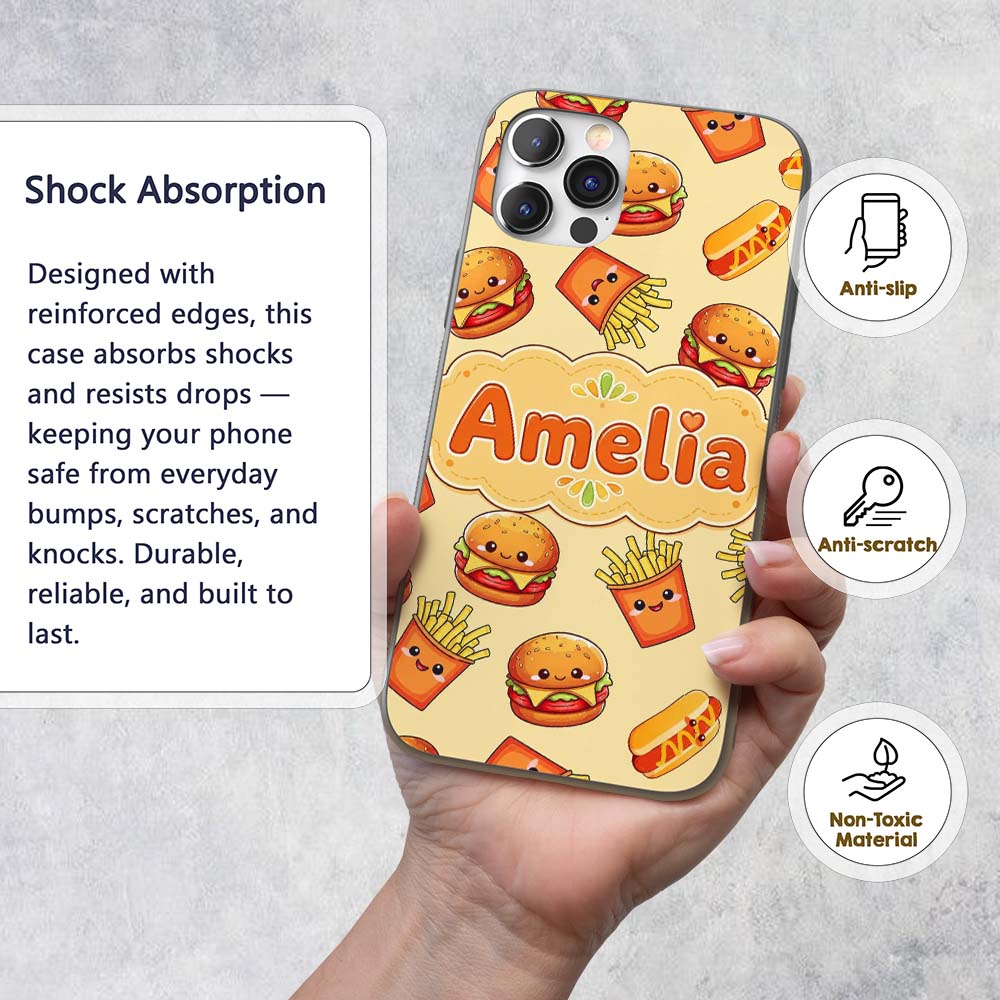 Cute Kawaii Burger Fries Hotdog Fast Food Yellow Custom Name Protective Phone Case Mobile Cover Durable Everyday Smartphone Shock Resistant