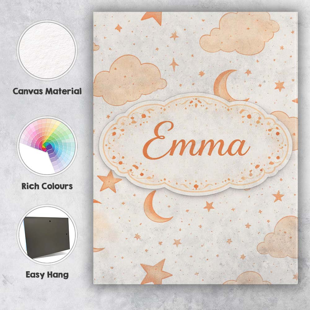 Personalised Name Warm Neutral Moon Stars Clouds Nursery Seamless Custom  Bespoke Canvas Wall Art Print Decor Picture Ready to Hang