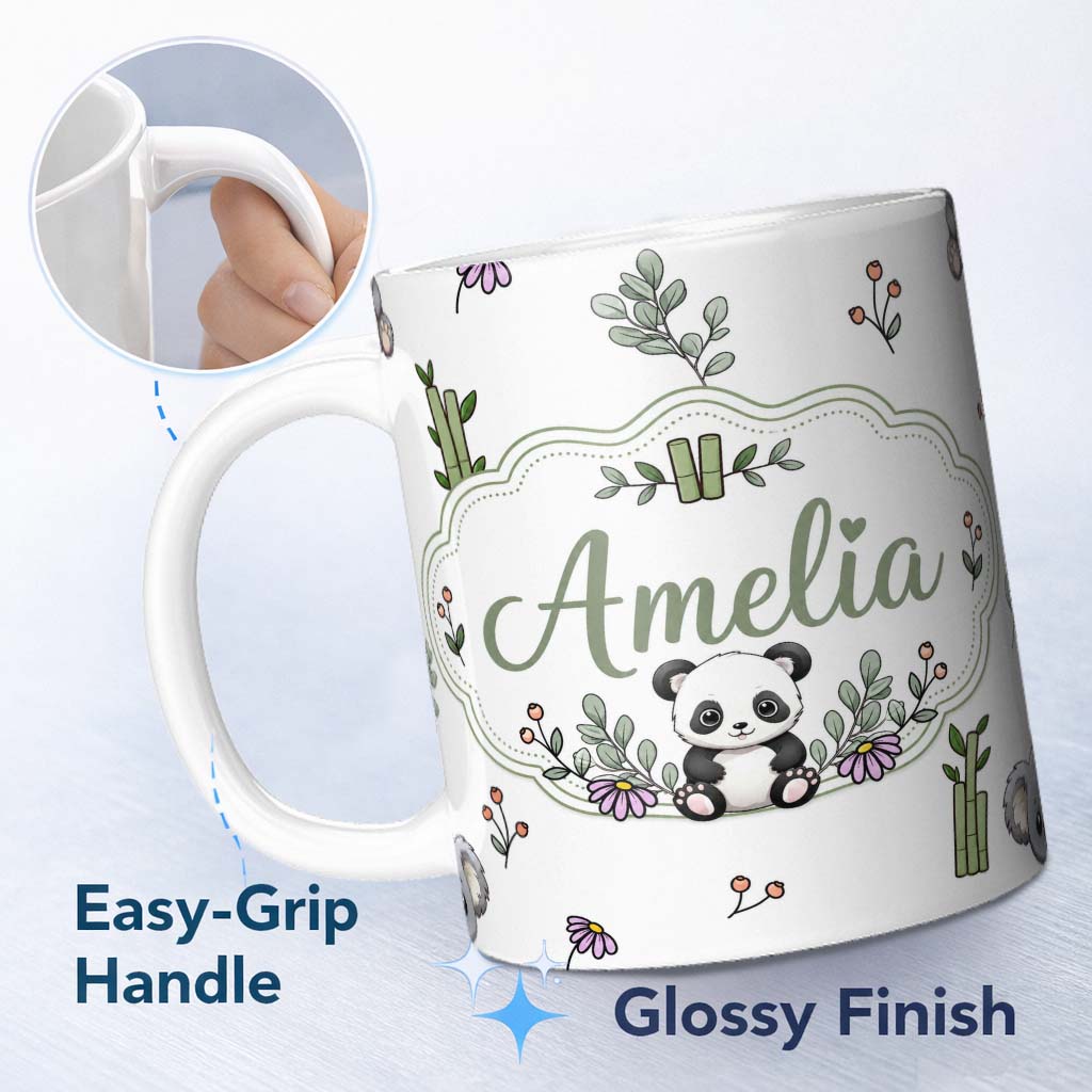 Personalized Custom Name Cute Panda Bamboo and Floral Minimal Seamless Pattern on Clean White 11oz Ceramic Coffee Tea Mug White Large Handle