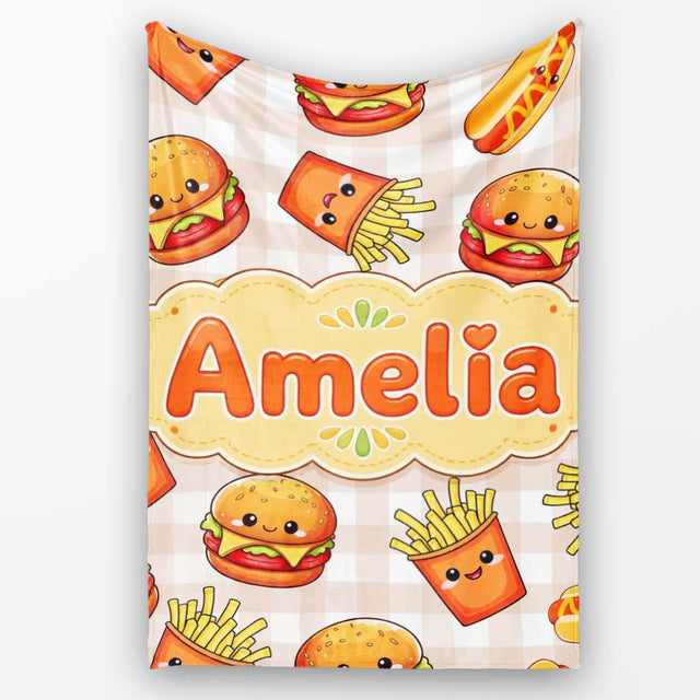 Kawaii Burger Fries Hotdog Fast Food Beige Gingham Seamless Pattern  Personalised Custom Name Super Soft Fleece Blanket Bed Sofa Throw