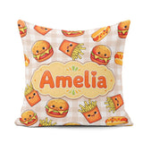 Custom Name Kawaii Burger Fries Fast Food Beige Gingham Seamless Square Filled Cushion Throw Pillow Sofa Bed Home Decor Zip Washable UK Made