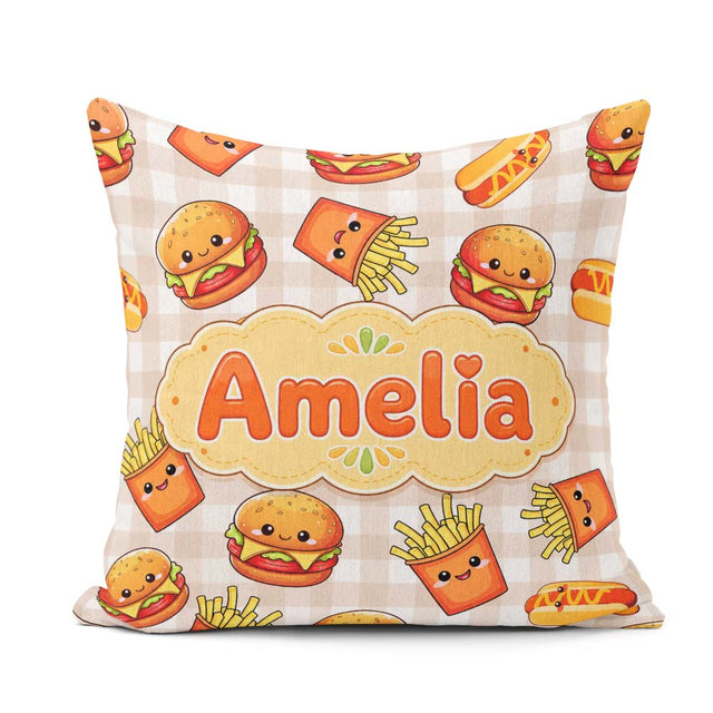 Custom Name Kawaii Burger Fries Fast Food Beige Gingham Seamless Square Filled Cushion Throw Pillow Sofa Bed Home Decor Zip Washable UK Made