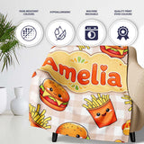 Kawaii Burger Fries Hotdog Fast Food Beige Gingham Seamless Pattern  Personalised Custom Name Super Soft Fleece Blanket Bed Sofa Throw