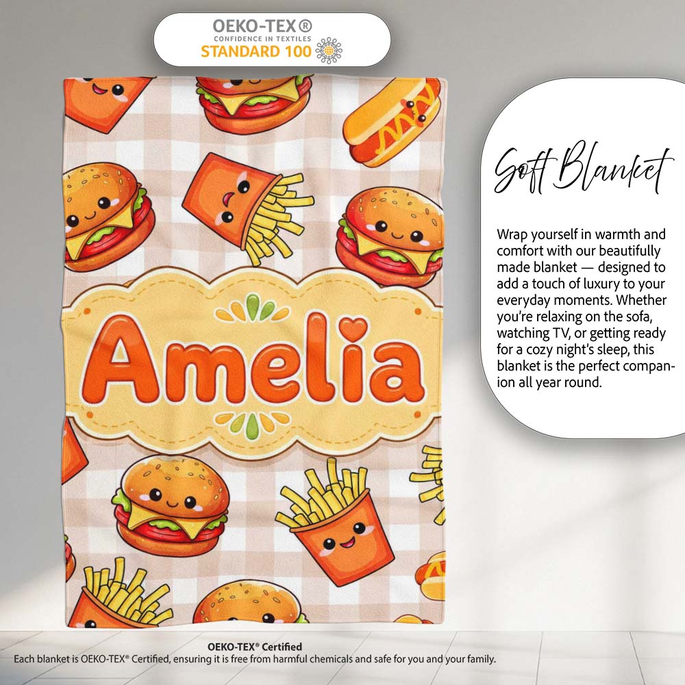 Kawaii Burger Fries Hotdog Fast Food Beige Gingham Seamless Pattern  Personalised Custom Name Super Soft Fleece Blanket Bed Sofa Throw