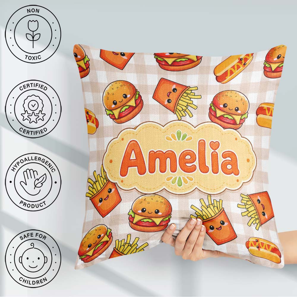 Custom Name Kawaii Burger Fries Fast Food Beige Gingham Seamless Square Filled Cushion Throw Pillow Sofa Bed Home Decor Zip Washable UK Made