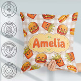 Custom Name Kawaii Burger Fries Fast Food Beige Gingham Seamless Square Filled Cushion Throw Pillow Sofa Bed Home Decor Zip Washable UK Made