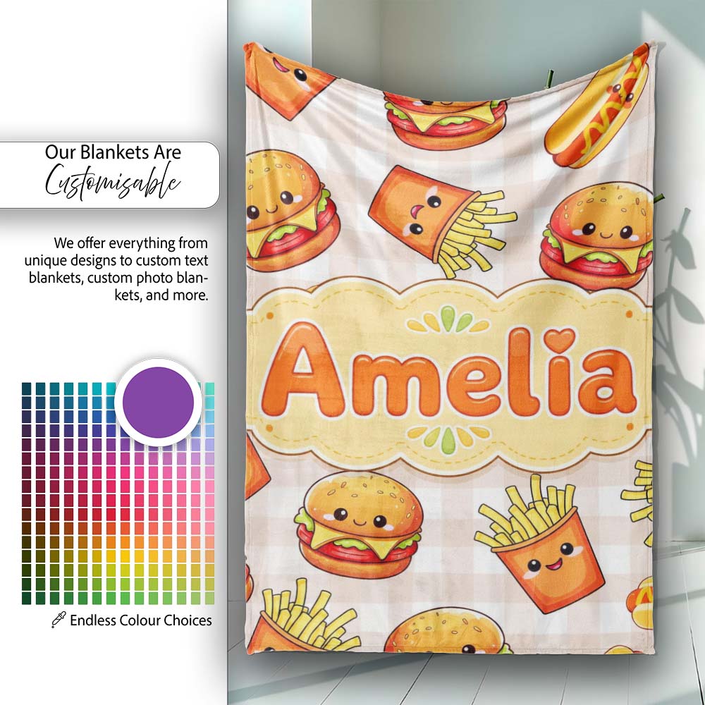 Kawaii Burger Fries Hotdog Fast Food Beige Gingham Seamless Pattern  Personalised Custom Name Super Soft Fleece Blanket Bed Sofa Throw