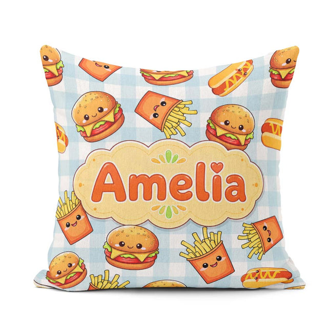 Custom Name Kawaii Burger Hotdog Fast Food Blue Gingham Seamless Square Filled Cushion Throw Pillow Sofa Bed Home Decor Zip Washable UK Made
