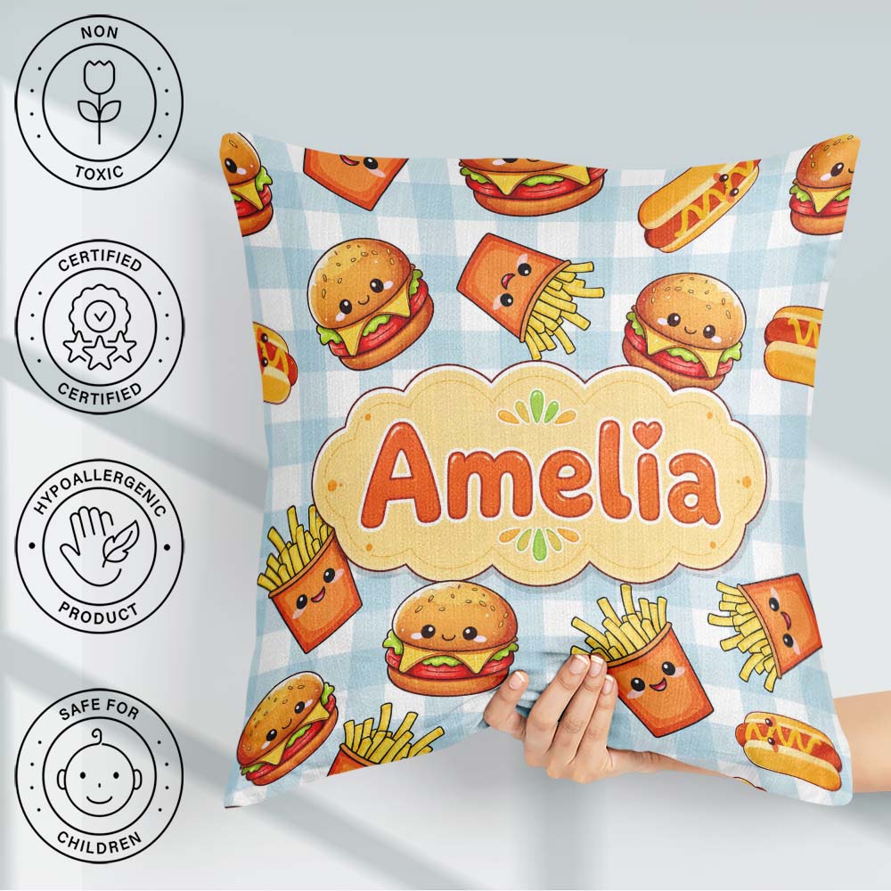Custom Name Kawaii Burger Hotdog Fast Food Blue Gingham Seamless Square Filled Cushion Throw Pillow Sofa Bed Home Decor Zip Washable UK Made