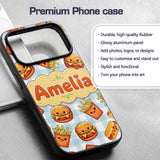 Kawaii Burger Fries Hotdog Fast Food Blue Gingham Custom Name Protective Phone Case Mobile Cover Durable Everyday Smartphone Shock Resistant