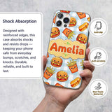 Kawaii Burger Fries Hotdog Fast Food Blue Gingham Custom Name Protective Phone Case Mobile Cover Durable Everyday Smartphone Shock Resistant