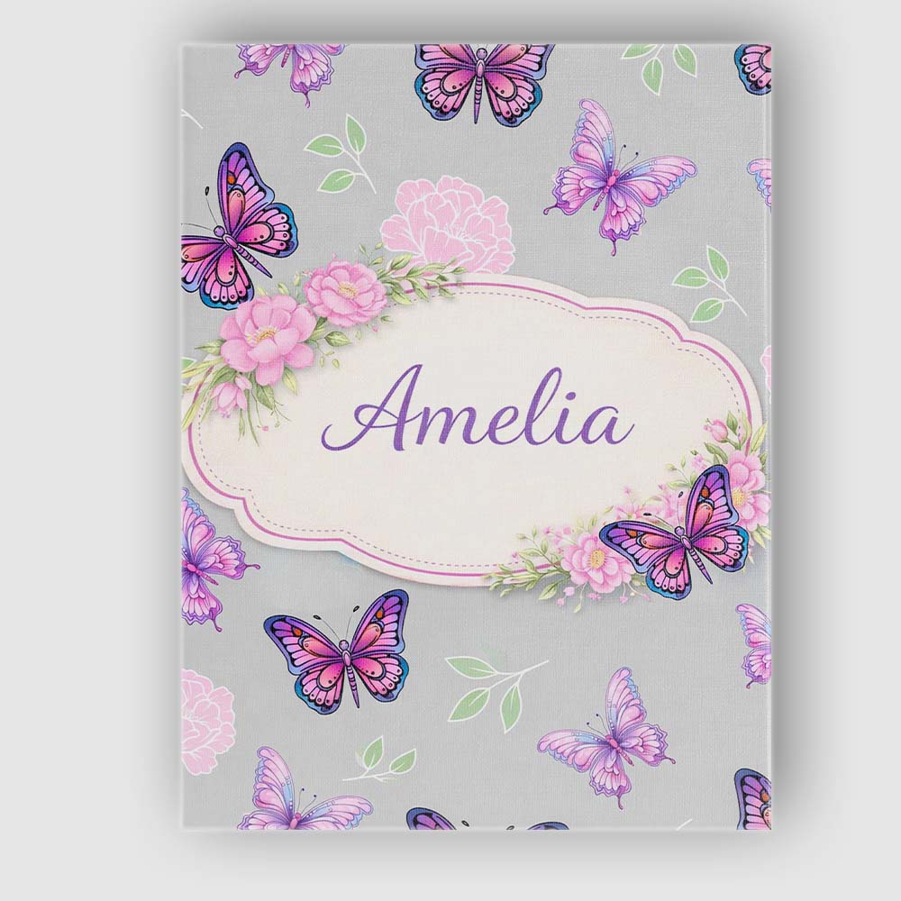 Personalised Name Pink Purple Butterfly Floral Grey Background Custom Modern Room Accent Canvas Wall Art Print Decor Picture Ready to Hang