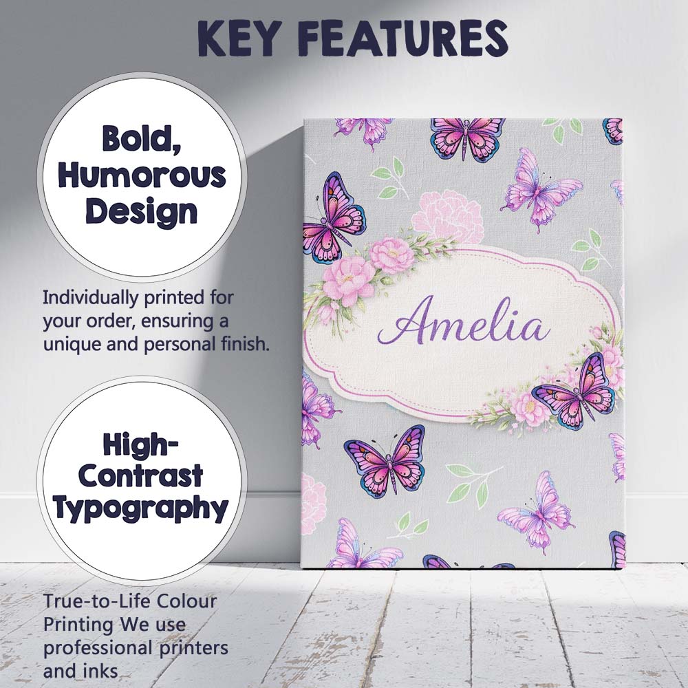Personalised Name Pink Purple Butterfly Floral Grey Background Custom Modern Room Accent Canvas Wall Art Print Decor Picture Ready to Hang
