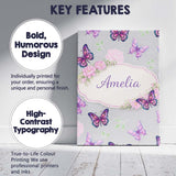 Personalised Name Pink Purple Butterfly Floral Grey Background Custom Modern Room Accent Canvas Wall Art Print Decor Picture Ready to Hang