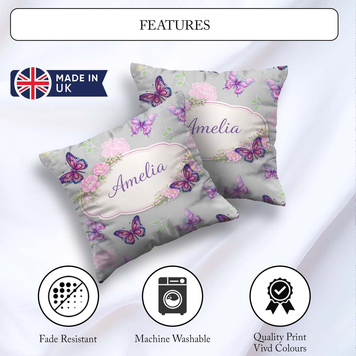Custom Name Pink Purple Butterfly Floral Grey Background Pattern Square Filled Cushion Throw Pillow Sofa Bed Home Decor Zip Washable UK Made