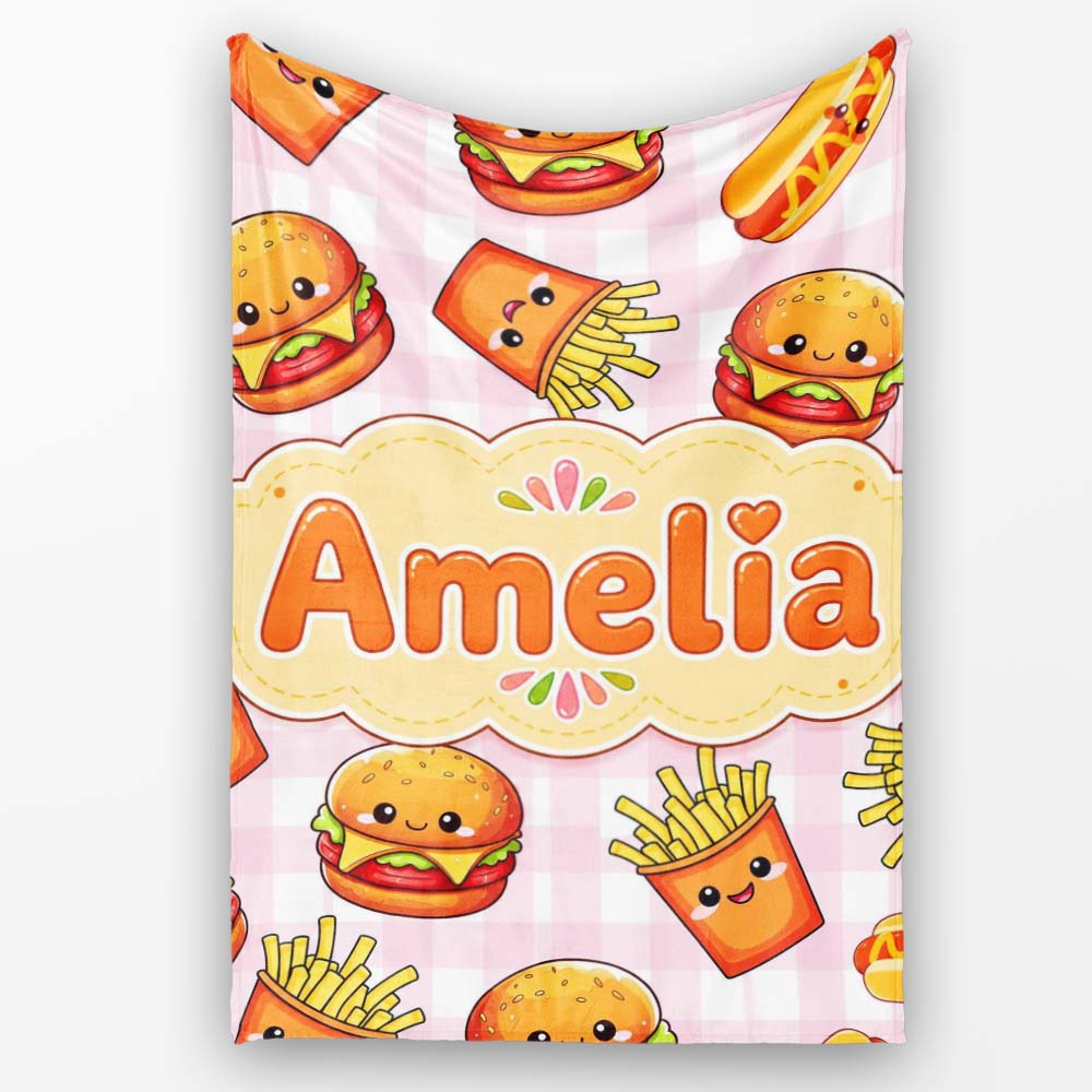 Kawaii Burger Fries Hotdog Fast Food Pink Gingham Seamless Pattern  Personalised Custom Name Super Soft Fleece Blanket Bed Sofa Throw