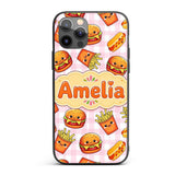 Kawaii Burger Fries Hotdog Fast Food Pink Gingham Custom Name Protective Phone Case Mobile Cover Durable Everyday Smartphone Shock Resistant