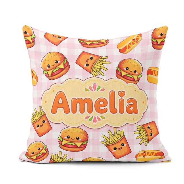 Custom Name Kawaii Burger Hotdog Fast Food Pink Gingham Seamless Square Filled Cushion Throw Pillow Sofa Bed Home Decor Zip Washable UK Made