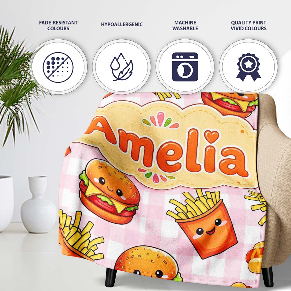 Kawaii Burger Fries Hotdog Fast Food Pink Gingham Seamless Pattern  Personalised Custom Name Super Soft Fleece Blanket Bed Sofa Throw