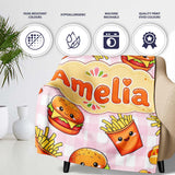 Kawaii Burger Fries Hotdog Fast Food Pink Gingham Seamless Pattern  Personalised Custom Name Super Soft Fleece Blanket Bed Sofa Throw