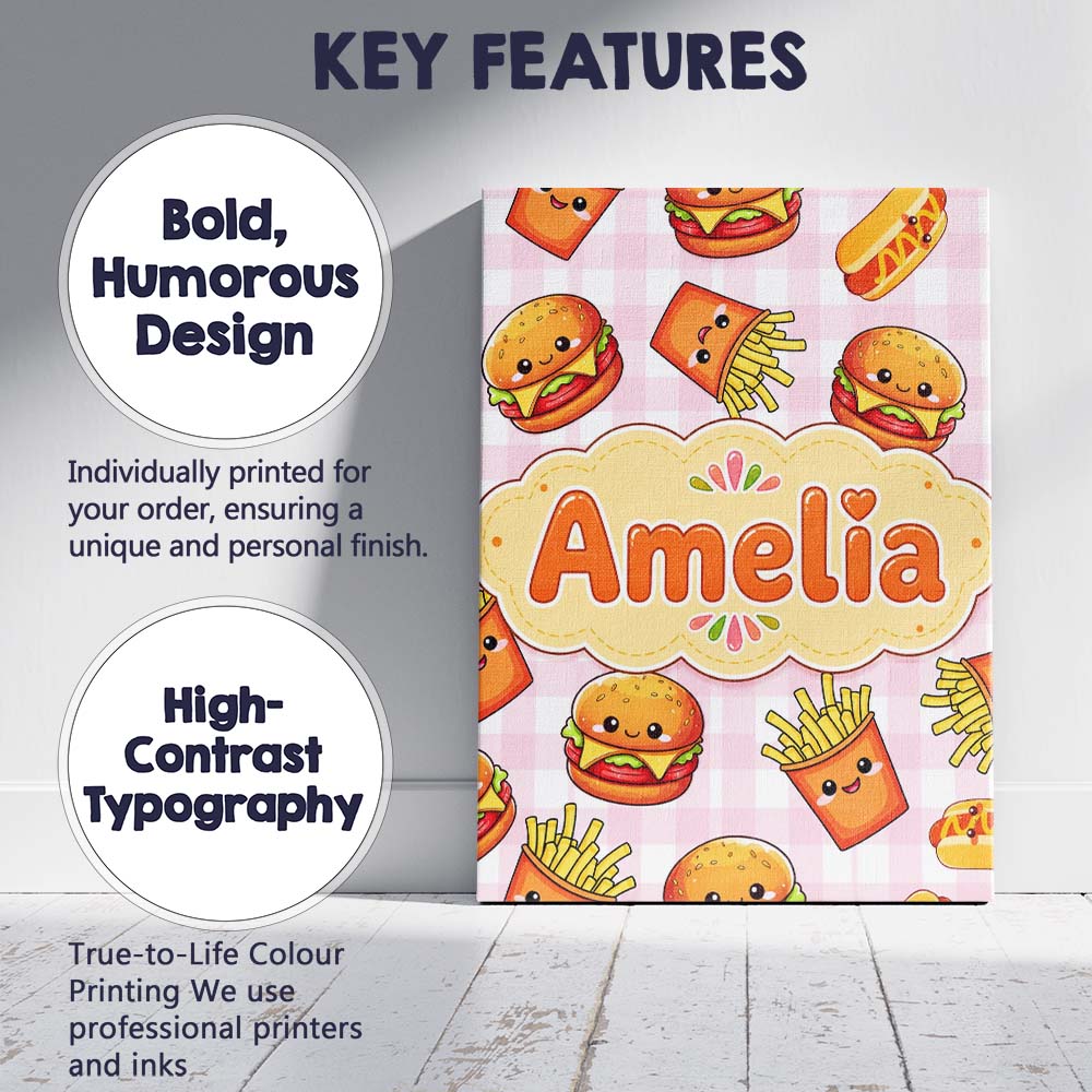 Personalised Name Kawaii Burger Fries Custom Modern Room Accent Creative Decorator Style Canvas Wall Art Print Decor Picture Ready to Hang