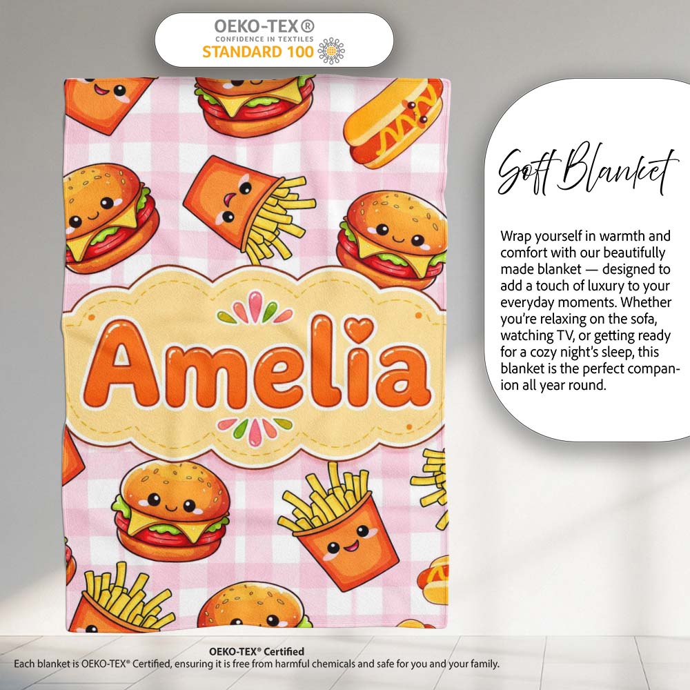 Kawaii Burger Fries Hotdog Fast Food Pink Gingham Seamless Pattern  Personalised Custom Name Super Soft Fleece Blanket Bed Sofa Throw