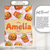 Kawaii Burger Fries Hotdog Fast Food Pink Gingham Seamless Pattern  Personalised Custom Name Super Soft Fleece Blanket Bed Sofa Throw