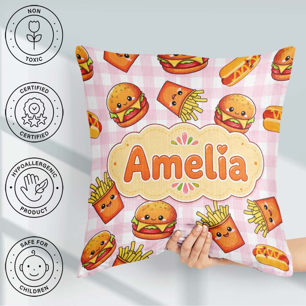 Custom Name Kawaii Burger Hotdog Fast Food Pink Gingham Seamless Square Filled Cushion Throw Pillow Sofa Bed Home Decor Zip Washable UK Made