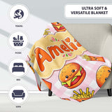 Kawaii Burger Fries Hotdog Fast Food Pink Gingham Seamless Pattern  Personalised Custom Name Super Soft Fleece Blanket Bed Sofa Throw