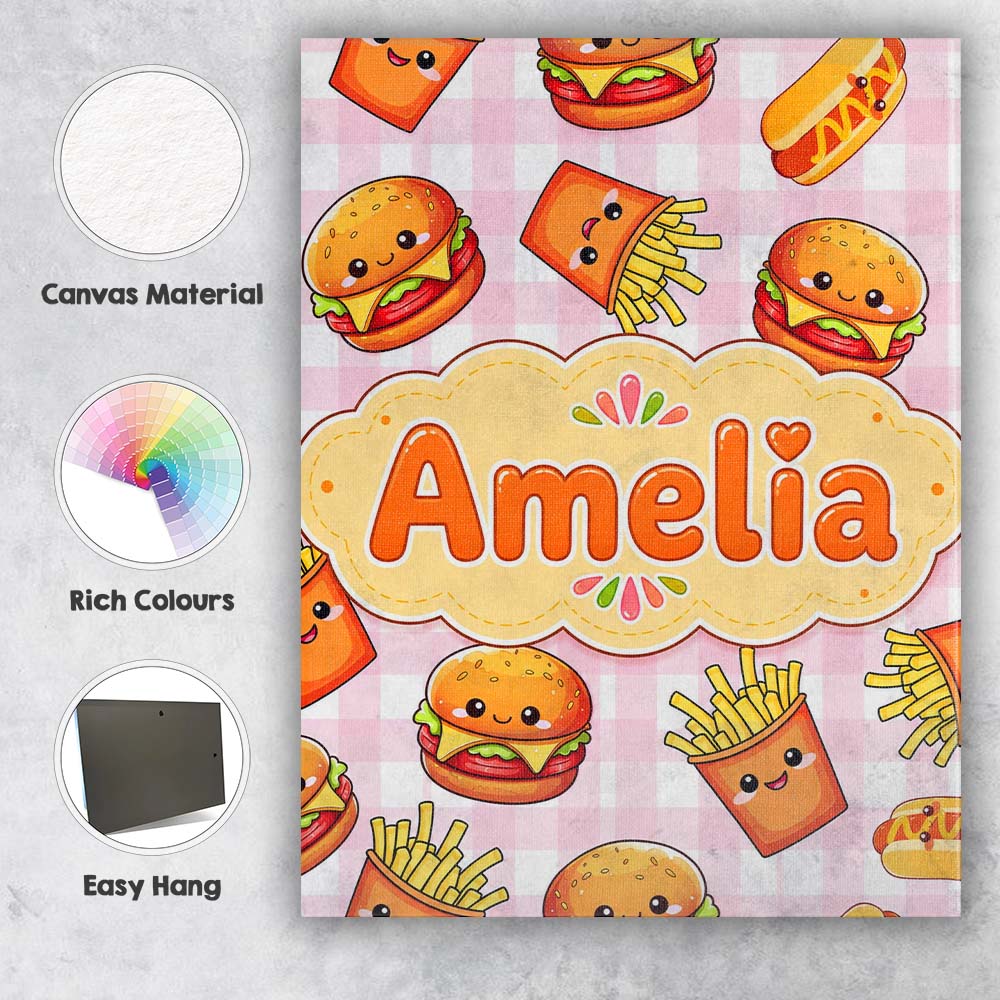 Personalised Name Kawaii Burger Fries Custom Modern Room Accent Creative Decorator Style Canvas Wall Art Print Decor Picture Ready to Hang