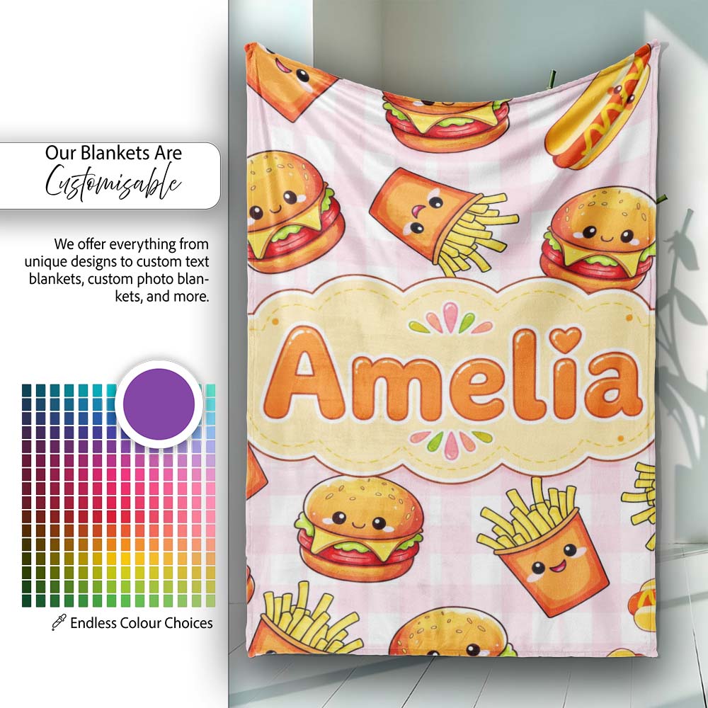 Kawaii Burger Fries Hotdog Fast Food Pink Gingham Seamless Pattern  Personalised Custom Name Super Soft Fleece Blanket Bed Sofa Throw