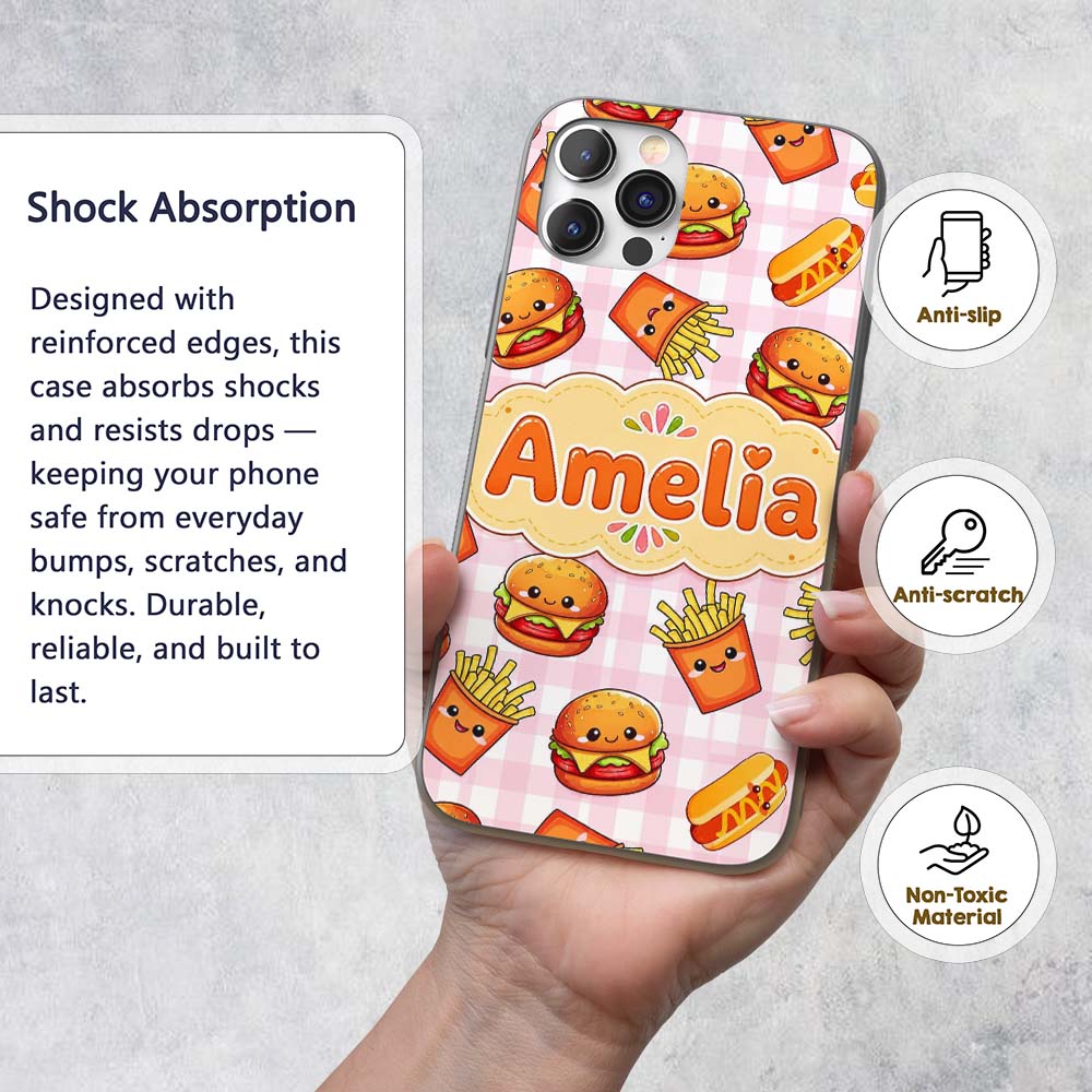 Kawaii Burger Fries Hotdog Fast Food Pink Gingham Custom Name Protective Phone Case Mobile Cover Durable Everyday Smartphone Shock Resistant
