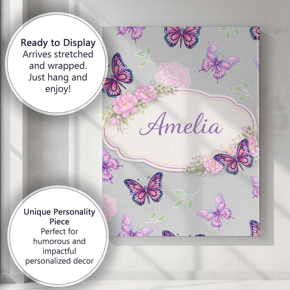 Personalised Name Pink Purple Butterfly Floral Grey Background Custom Modern Room Accent Canvas Wall Art Print Decor Picture Ready to Hang