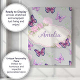 Personalised Name Pink Purple Butterfly Floral Grey Background Custom Modern Room Accent Canvas Wall Art Print Decor Picture Ready to Hang
