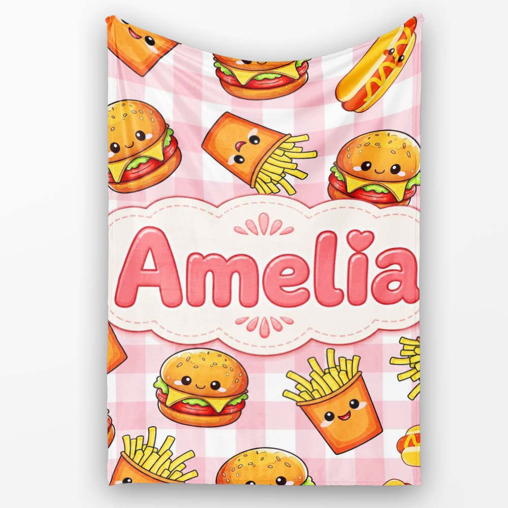 Kawaii Burger Fries Hotdog Fast Food Red Gingham Seamless Pattern  Personalised Custom Name Super Soft Fleece Blanket Bed Sofa Throw