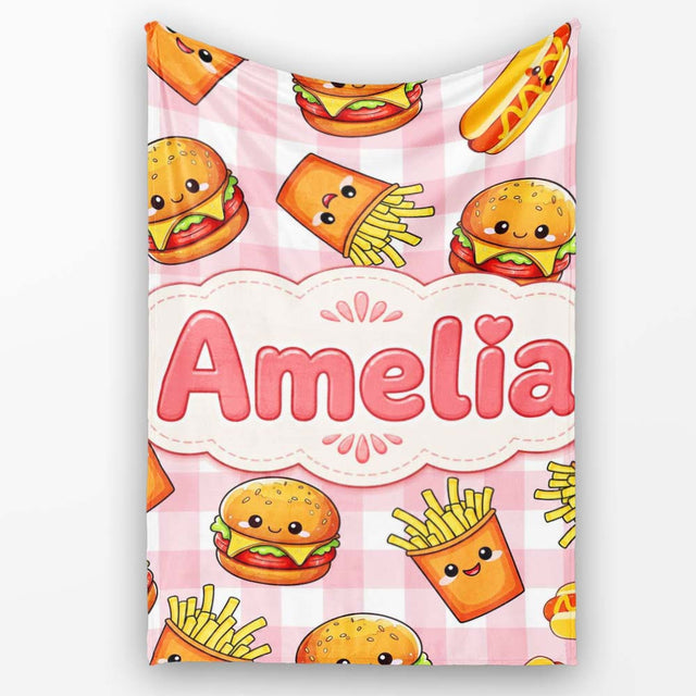 Kawaii Burger Fries Hotdog Fast Food Red Gingham Seamless Pattern  Personalised Custom Name Super Soft Fleece Blanket Bed Sofa Throw