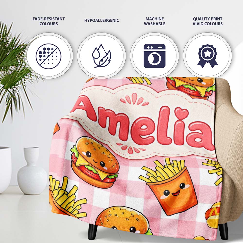 Kawaii Burger Fries Hotdog Fast Food Red Gingham Seamless Pattern  Personalised Custom Name Super Soft Fleece Blanket Bed Sofa Throw