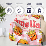 Kawaii Burger Fries Hotdog Fast Food Red Gingham Seamless Pattern  Personalised Custom Name Super Soft Fleece Blanket Bed Sofa Throw