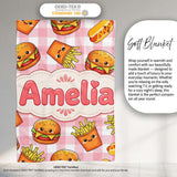 Kawaii Burger Fries Hotdog Fast Food Red Gingham Seamless Pattern  Personalised Custom Name Super Soft Fleece Blanket Bed Sofa Throw