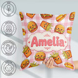 Custom Name Kawaii Burger Fries Hotdog Fast Red Gingham Seamless Square Filled Cushion Throw Pillow Sofa Bed Home Decor Zip Washable UK Made