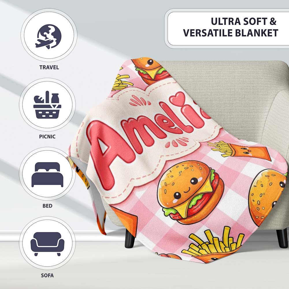 Kawaii Burger Fries Hotdog Fast Food Red Gingham Seamless Pattern  Personalised Custom Name Super Soft Fleece Blanket Bed Sofa Throw