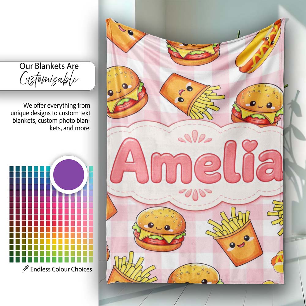 Kawaii Burger Fries Hotdog Fast Food Red Gingham Seamless Pattern  Personalised Custom Name Super Soft Fleece Blanket Bed Sofa Throw