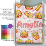 Kawaii Burger Fries Hotdog Fast Food Red Gingham Seamless Pattern  Personalised Custom Name Super Soft Fleece Blanket Bed Sofa Throw