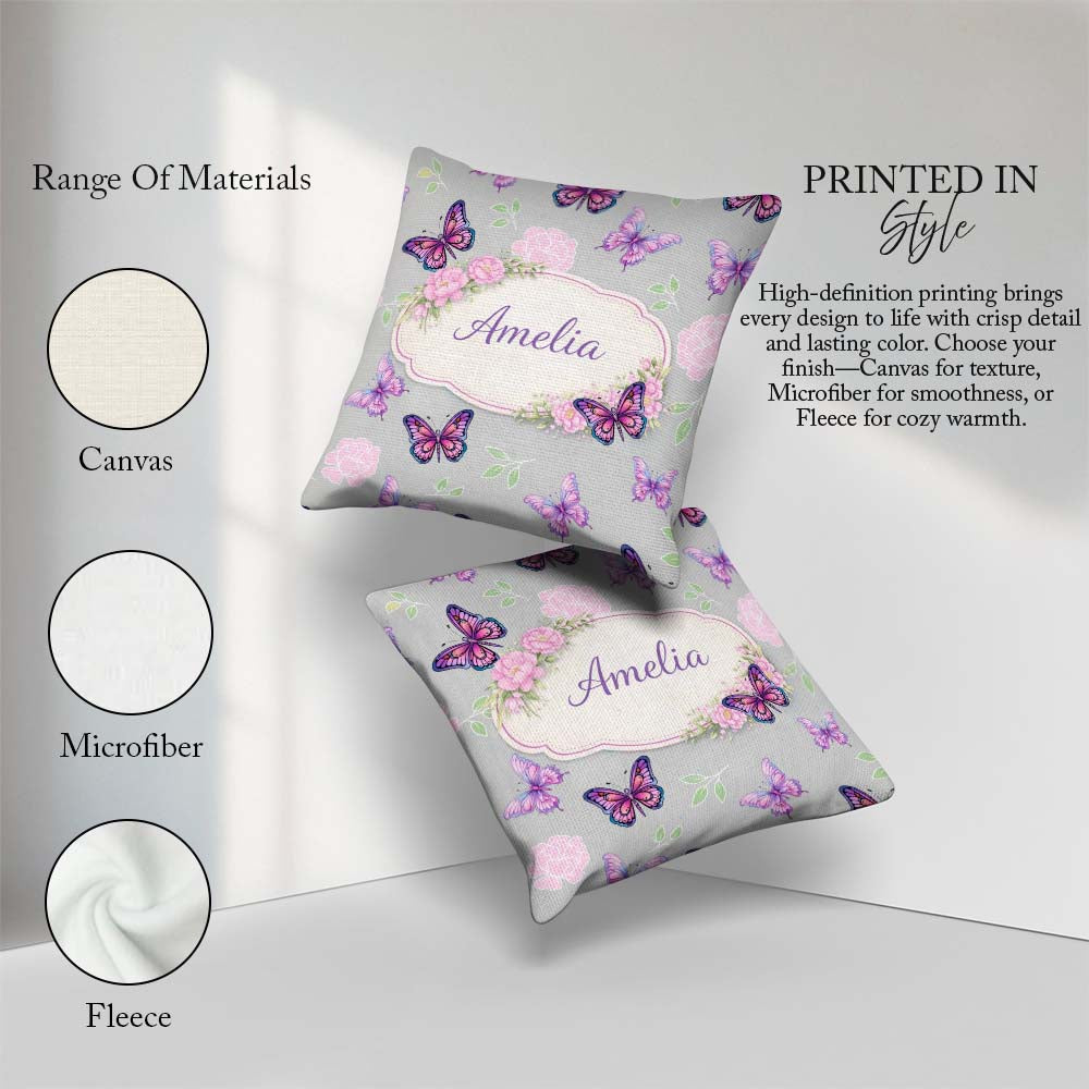 Custom Name Pink Purple Butterfly Floral Grey Background Pattern Square Filled Cushion Throw Pillow Sofa Bed Home Decor Zip Washable UK Made