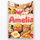 Cute Kawaii Fast Food Collage Burger Pizza Fries Drinks Seamless  Personalised Custom Name Super Soft Fleece Blanket Bed Sofa Throw