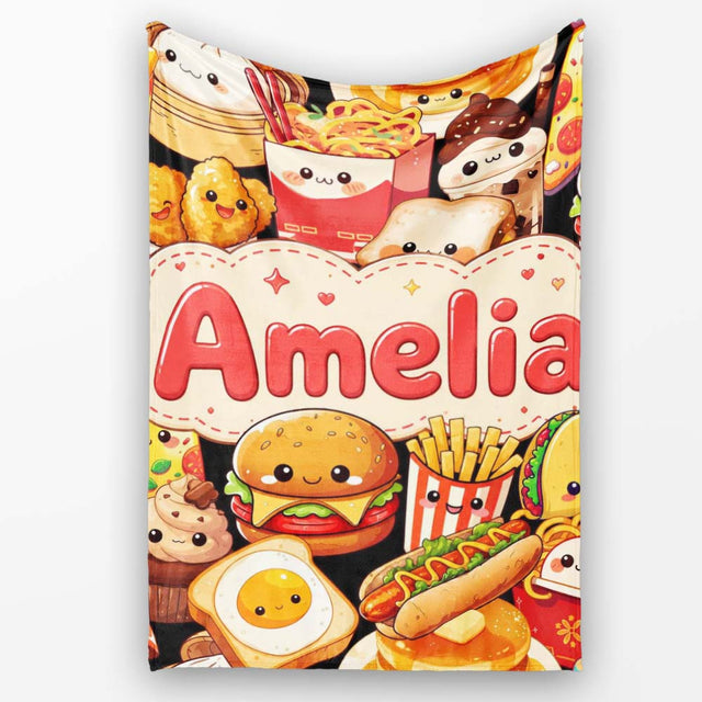 Cute Kawaii Fast Food Collage Burger Pizza Fries Drinks Seamless  Personalised Custom Name Super Soft Fleece Blanket Bed Sofa Throw
